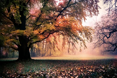 Serenidad Otoñal: Un Árbol Majestuoso en un Bosque Soleado