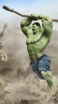 Hulk, depicted as a powerful bodybuilder, wields a massive weapon amid a dramatic, dust-filled battle scene, showcasing strength and intensity in a vibrant cartoon style.