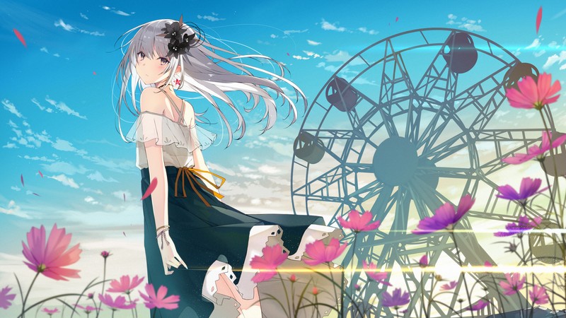 Une femme se tenant devant une grande roue avec des fleurs (anime, filles, fleurs, paysage, ciel)