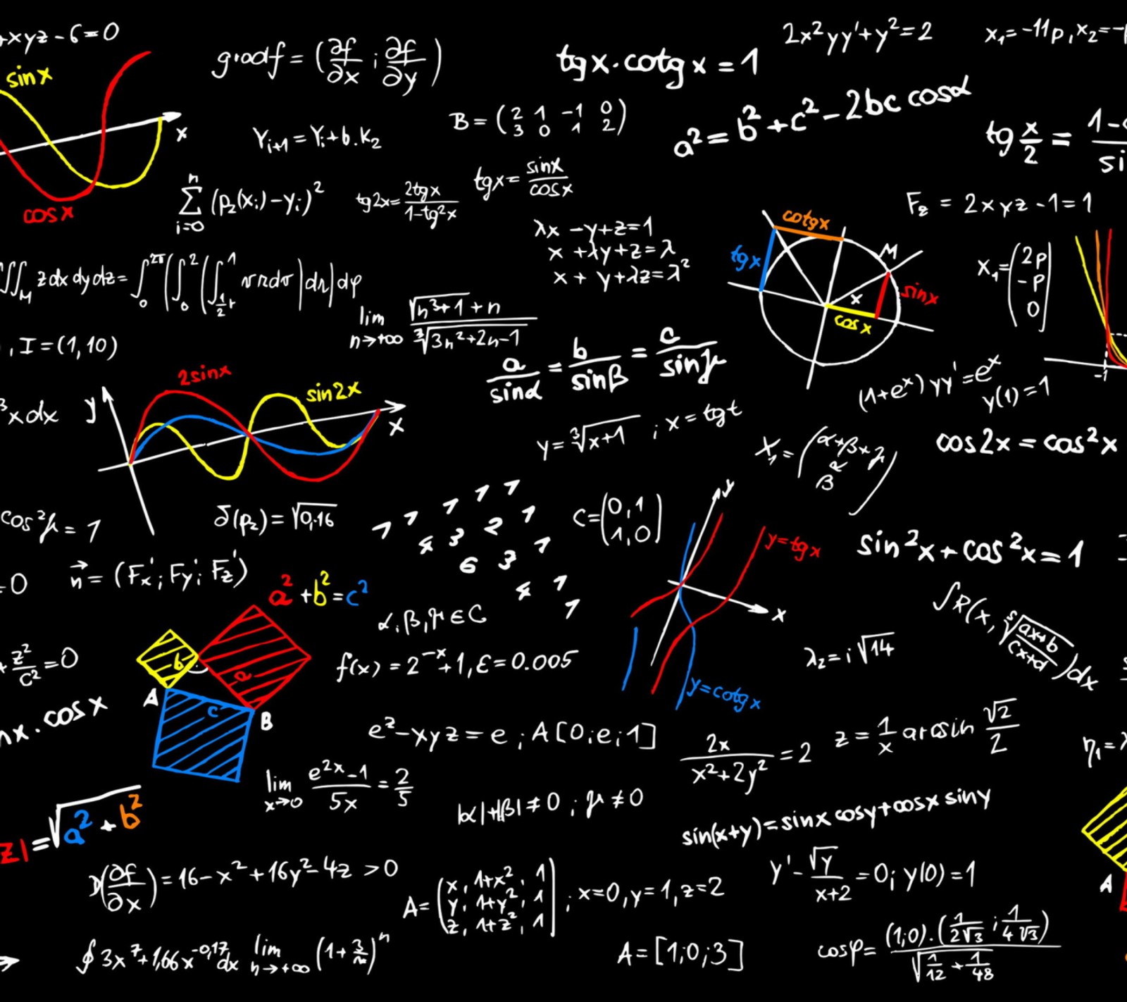 Un gros plan d'un tableau noir avec de nombreux calculs différents (2016, artistique, génial, amour)