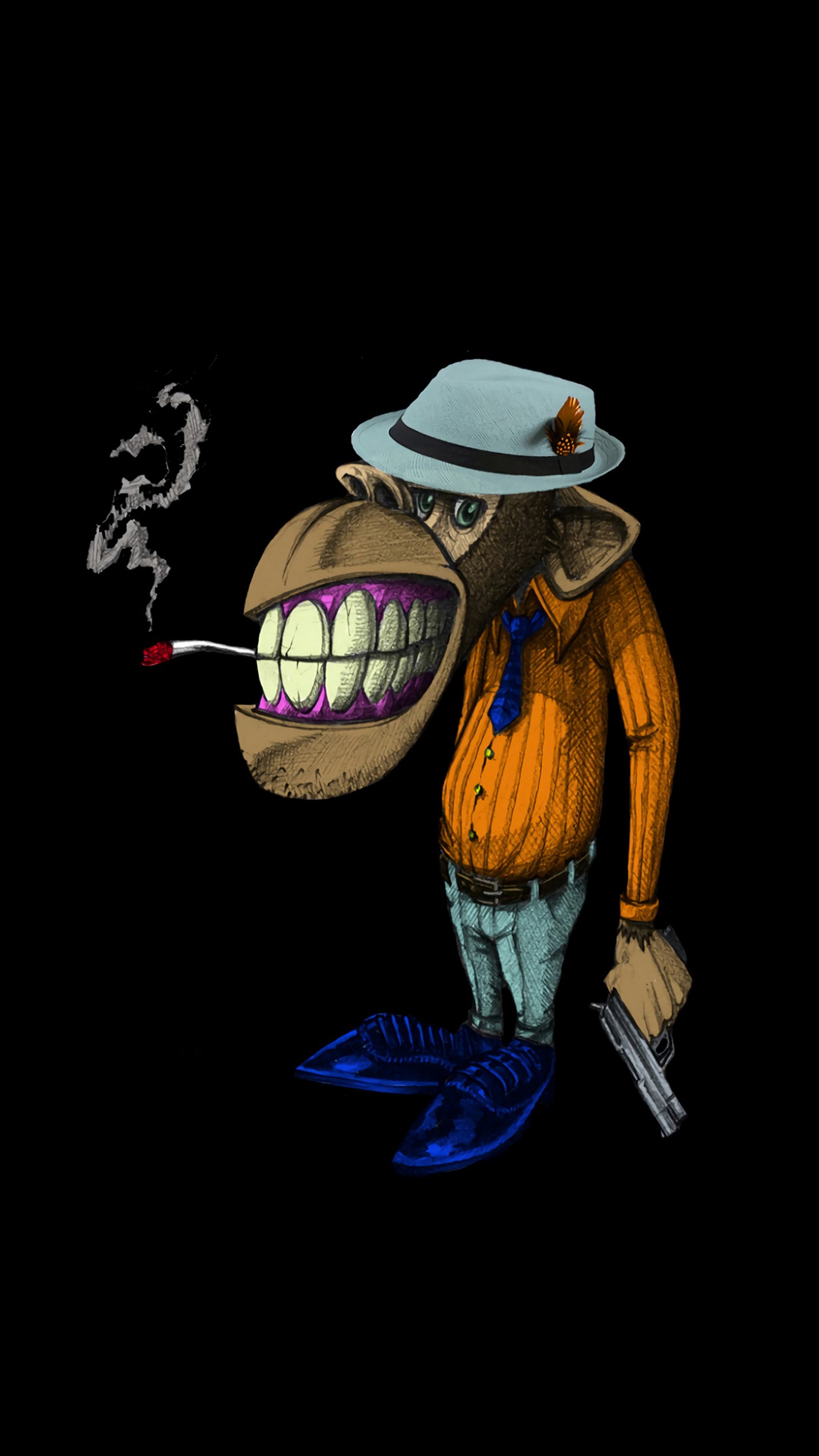 Um desenho animado de um macaco fumando um cigarro com um chapéu e um terno. (mobster, engraçado, macaco, defumado, desenhos)