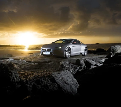 car at beach, coches, hd, silver car, atardecer