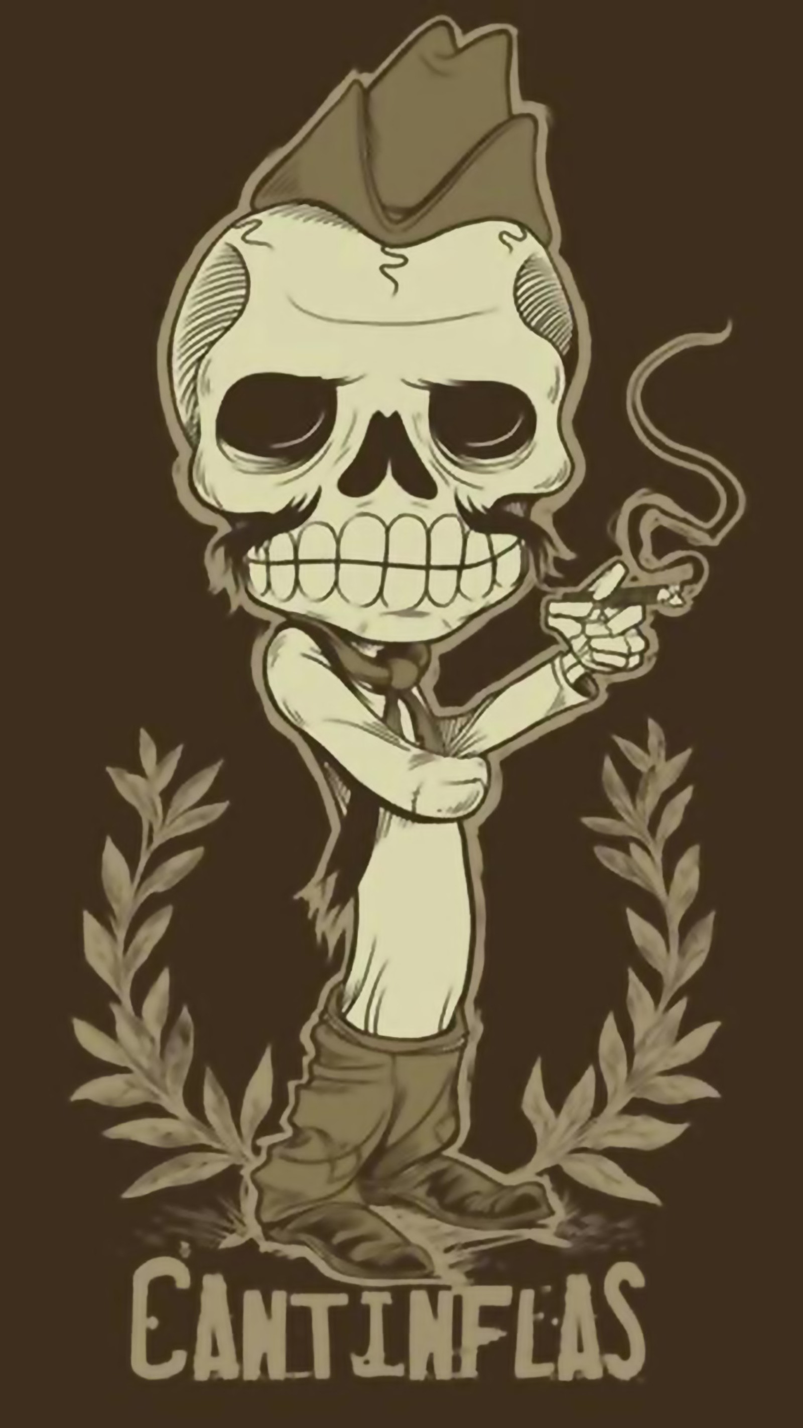 Un esqueleto de dibujos animados fumando un cigarrillo con la leyenda 'no puedo como' (cantinflas, día de muertos, dia de muertos, halloween, méxico)