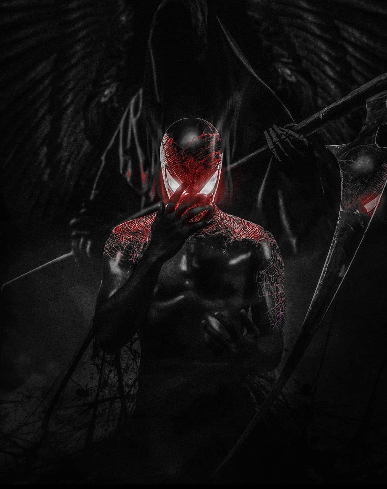 Spider-man dans un costume noir et rouge avec une lumière rouge (avengers, carnage, loin de chez soi, retour à la maison, marvel)