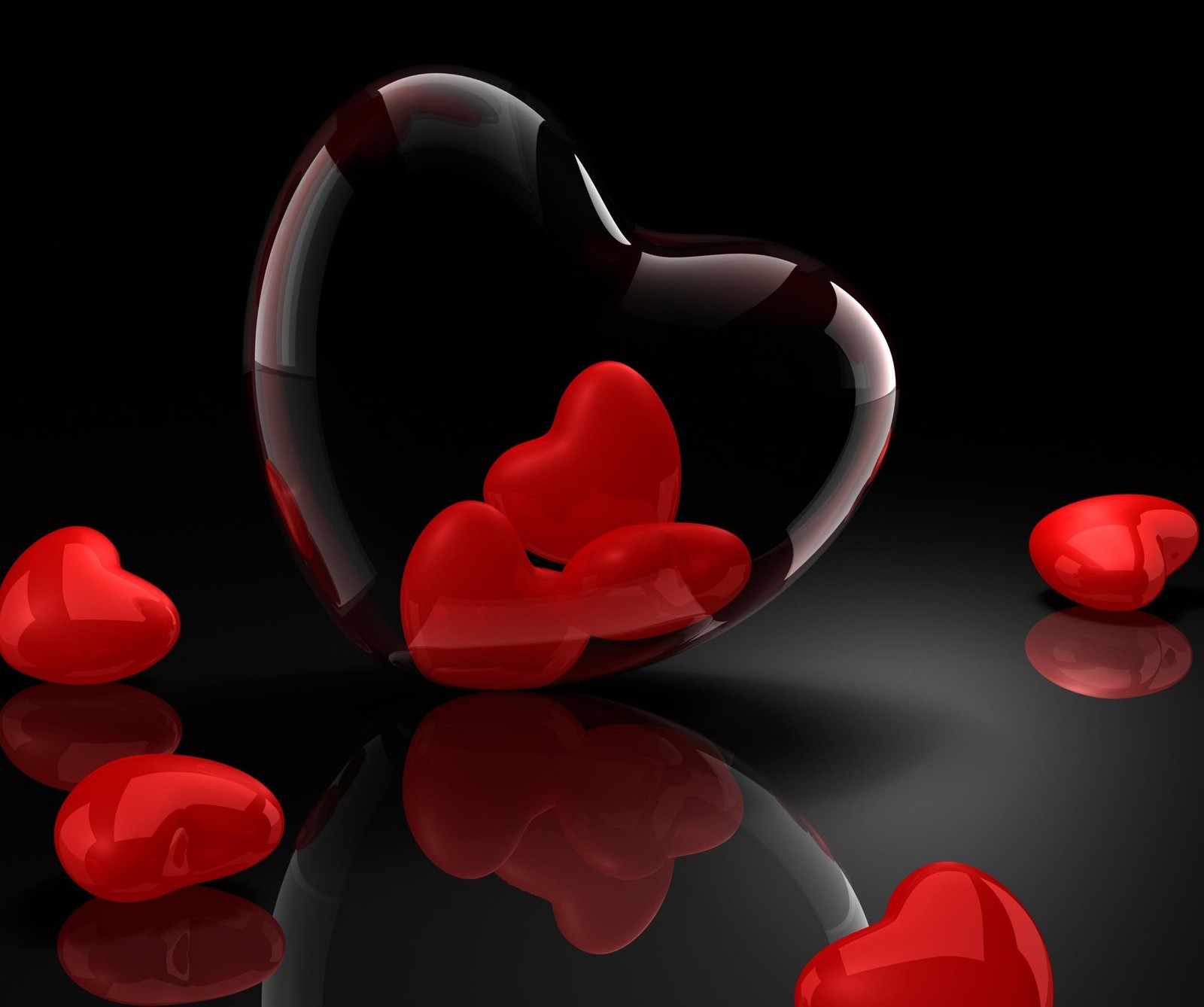 A close up of a heart shaped glass vase with red hearts (3d, glass, heart, love, reflection)