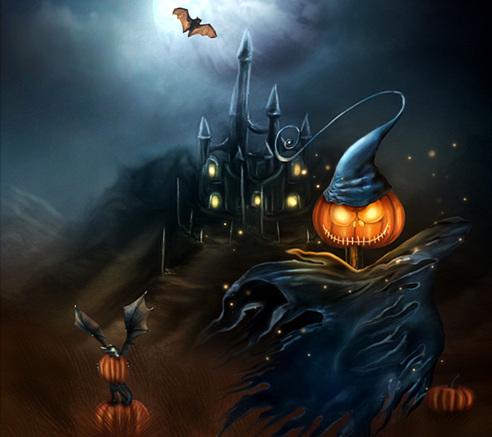 There is a painting of a scary pumpkin with a witch hat (art, dark, halloween)