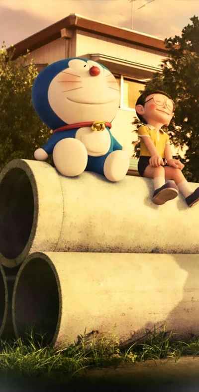 Doraemon y Nobita disfrutando de un atardecer juntos