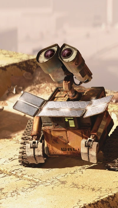 WALL-E regardant vers le haut dans un paysage poussiéreux