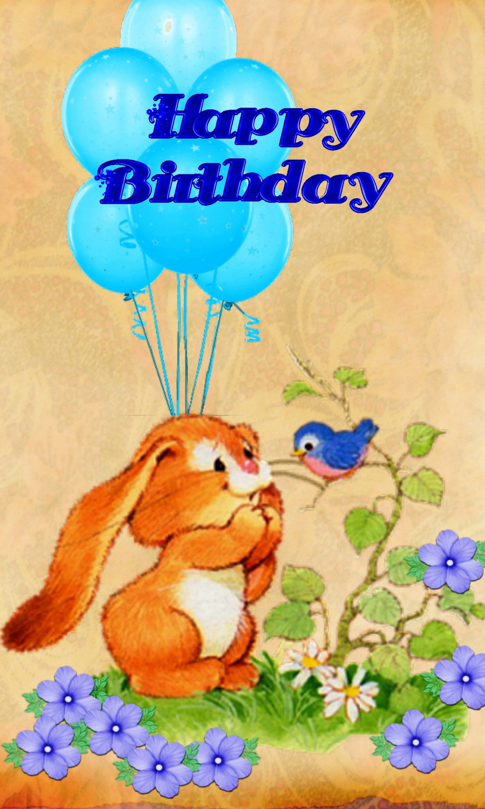 Il y a une image d'un lapin tenant des ballons et un oiseau (ballon, lapin, cartoon, joyeux anniversaire)