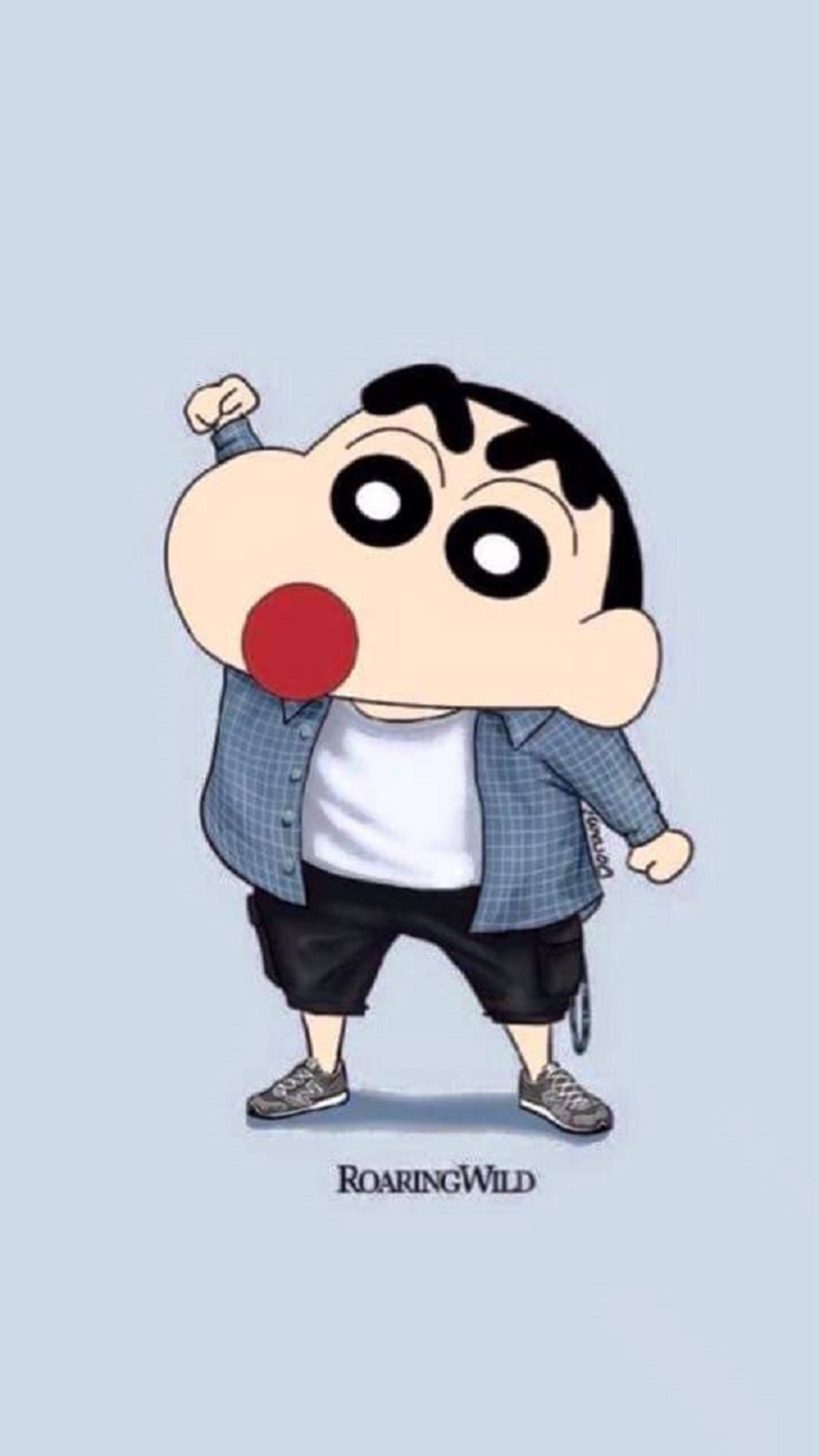 Un personaje de dibujos animados con nariz roja y camisa azul (lindo, cariñito, niño, shinchan, soporte)