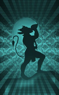 Silueta de Hanuman contra un fondo intrincado de color teal.