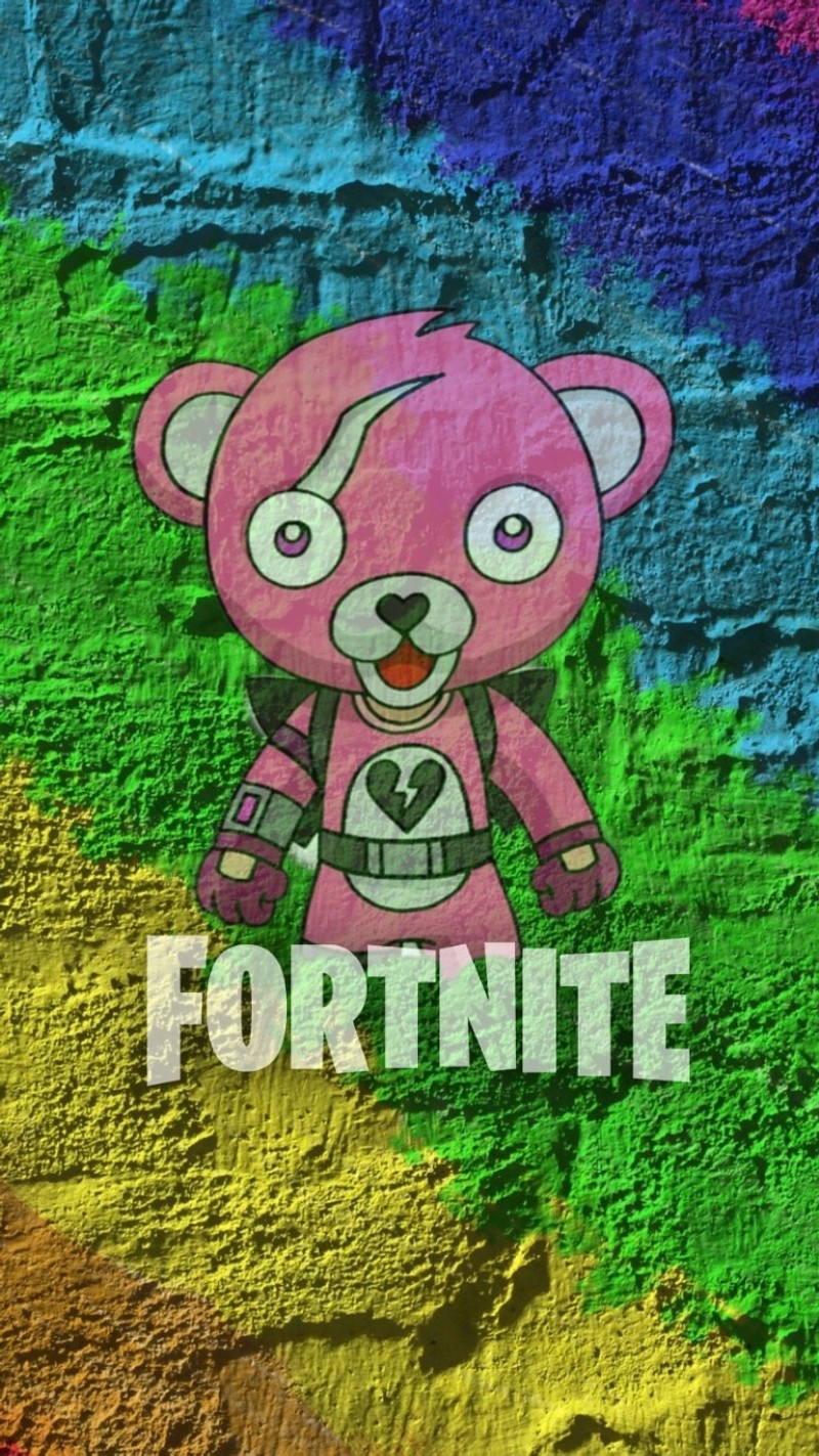 Крупный план розового медведя с рюкзаком (фортнайт, fortnite, радуга, spraypaint, стена)