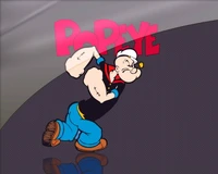 Popeye der Seemann zeigt seine Muskeln mit einem auffälligen "Popeye"-Logo im Hintergrund.