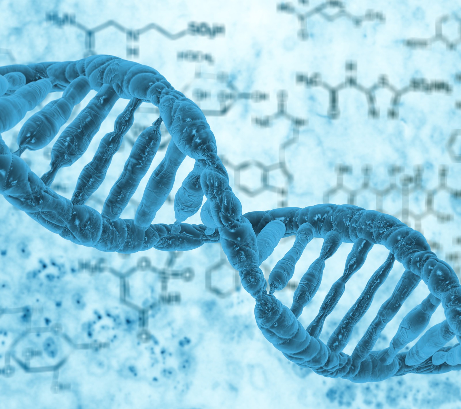 Gros plan d'un modèle d'adn à double brin avec un fond de structures chimiques (3d, biologie, adn, science)