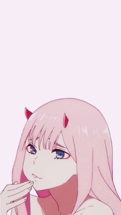 Cute girl with pink hair and horns, playfully pouting against a soft pink background.