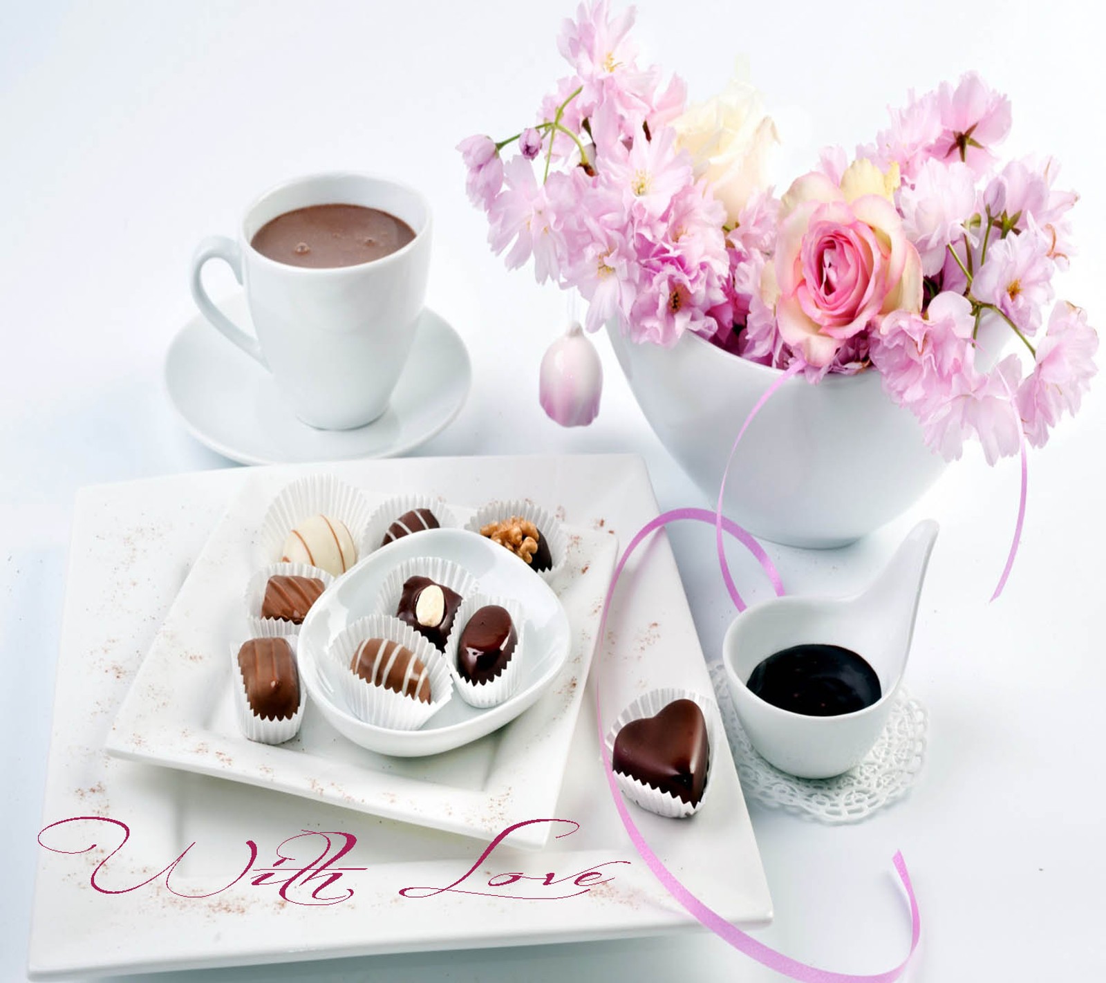 There is a plate with chocolates and a cup of coffee (love, with)