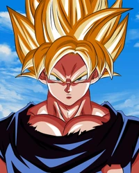 Goku in Super Saiyan Form Against a Blue Sky Background