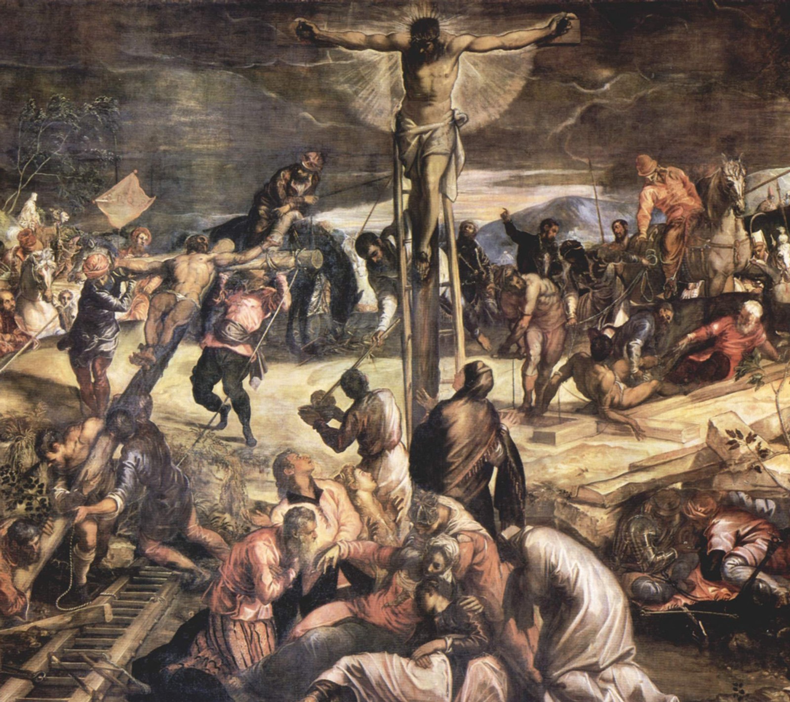 A painting of a group of people standing around a cross (art, renaissance)