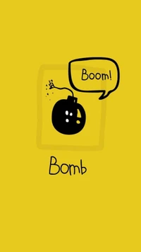 Bomba de dibujos animados con burbuja de diálogo "¡Boom!" sobre fondo amarillo brillante