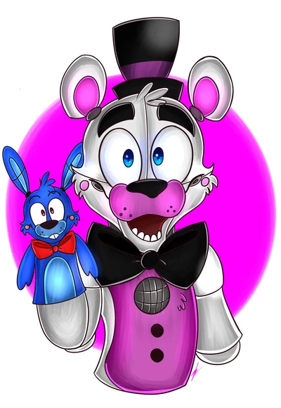 Freddy und Funtime Freddy mit einem verspielten Hasenbegleiter.