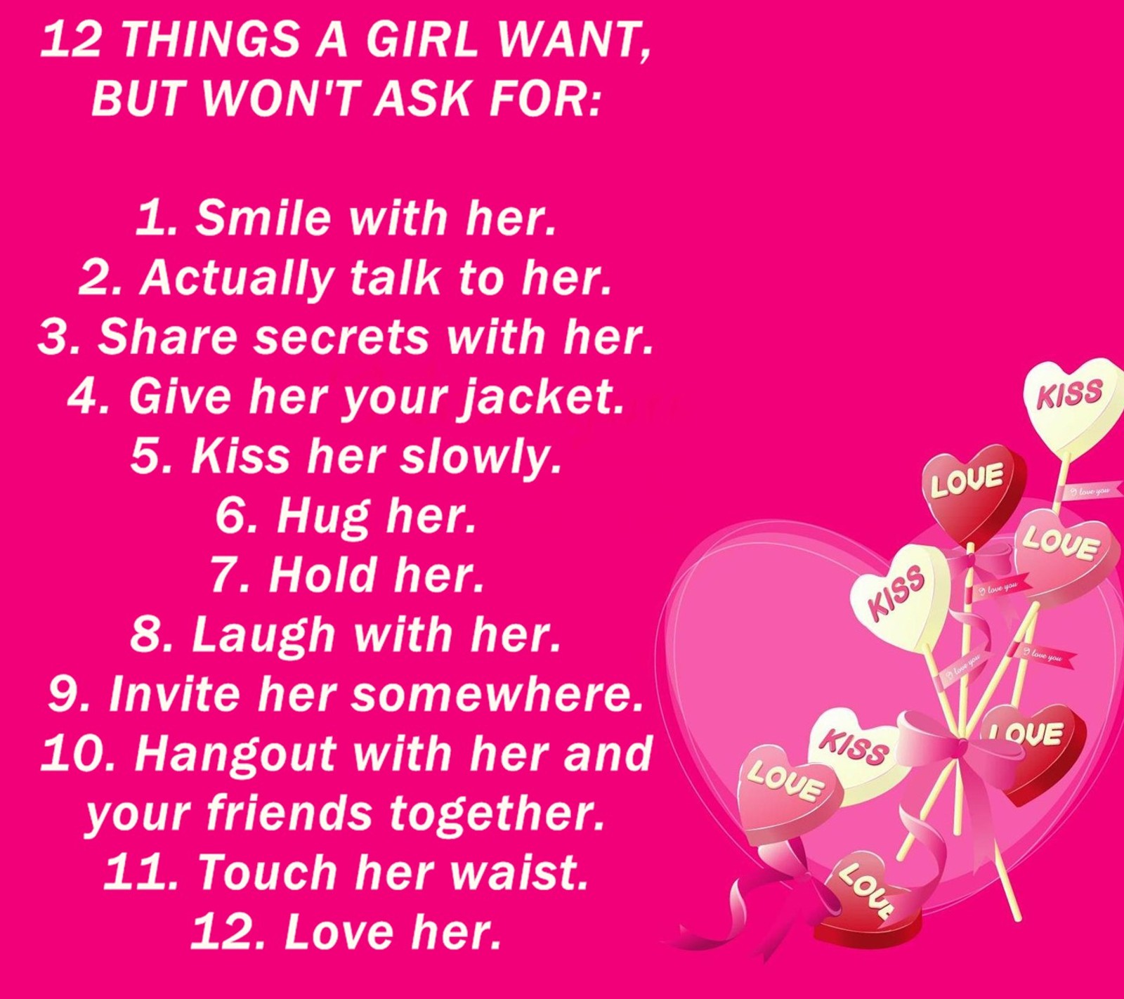 A pink heart with a poem written in it that says, 12 things a girl want, but (beautiful, cute, drawn, friends, heart)