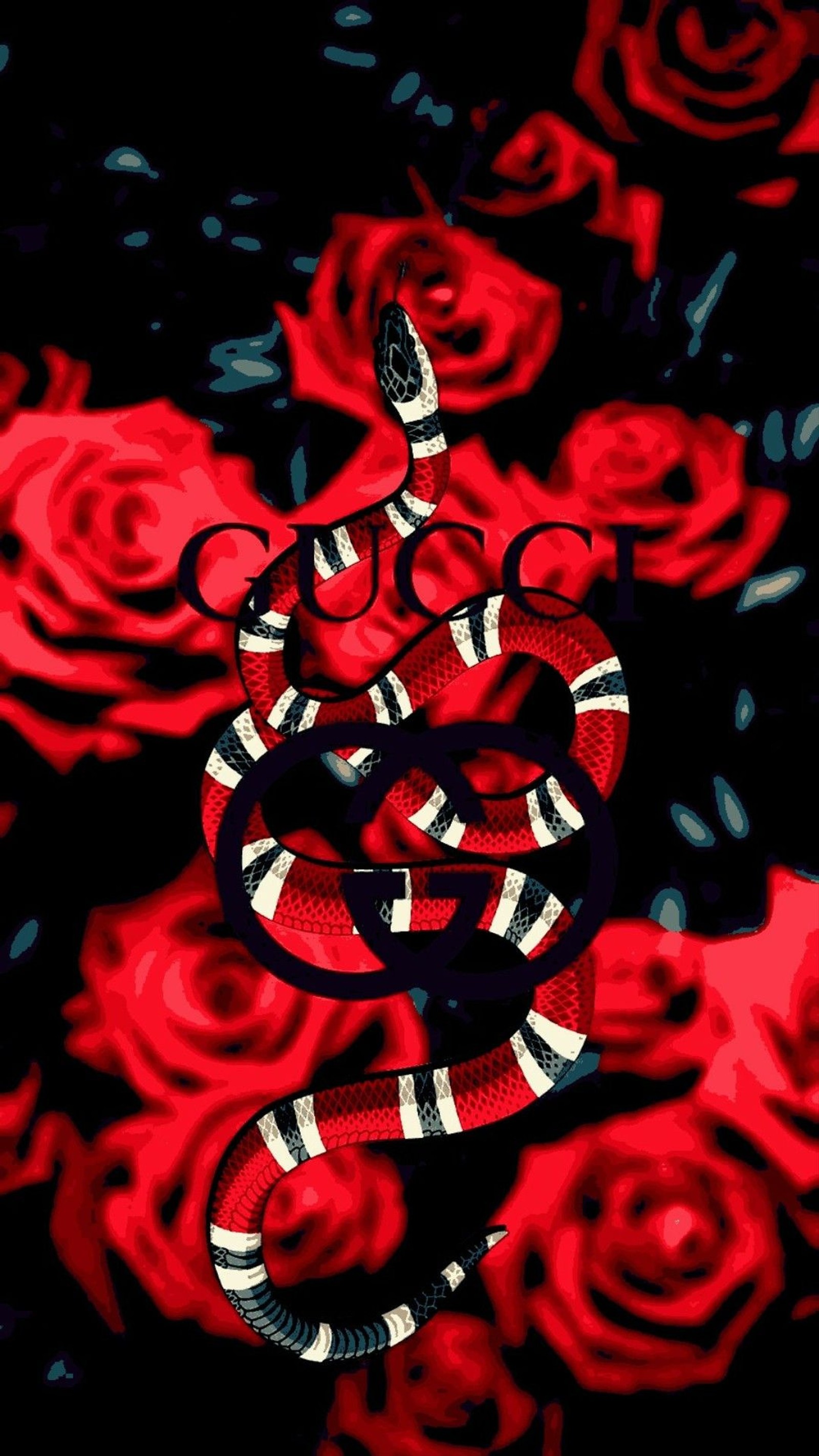 There is a snake that is sitting on a rose bush (gucci, designer, snakes, snake)