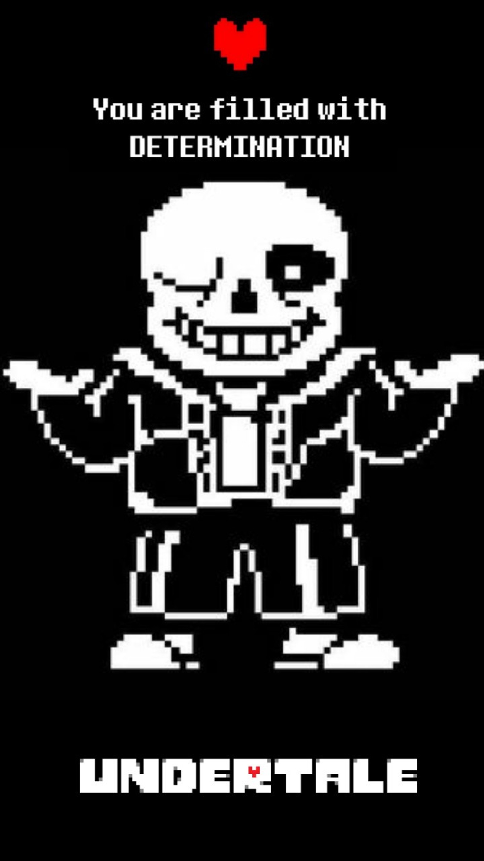 A pixel pixel image of a skeleton with a heart on it (determination, sans, undertale)