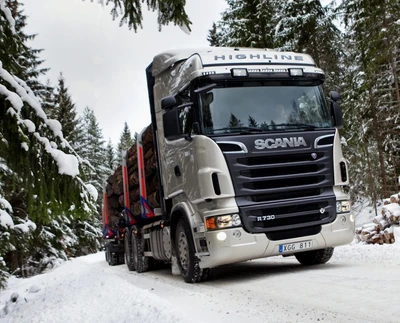 Scania R730 Truck Transporting Logs Through Snowy Winter Landscape