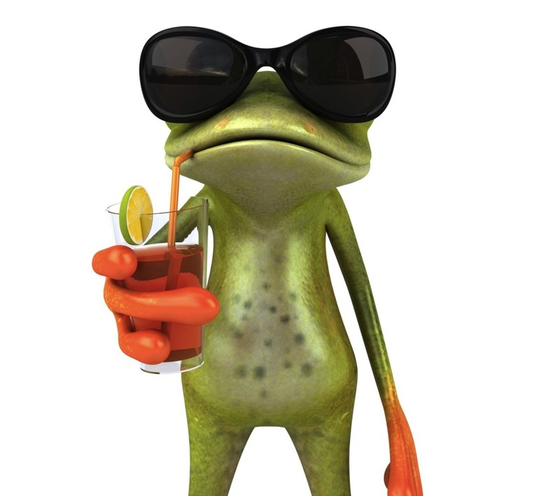 A close up of a frog with sunglasses holding a drink (3d, new, wallpaper)