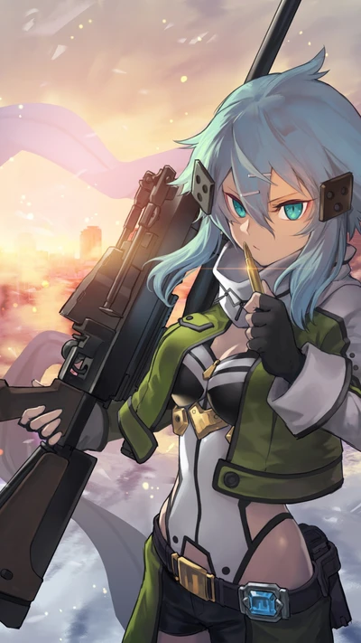 Shino Asada de Sword Art Online, lista con un rifle contra un vibrante fondo de atardecer.