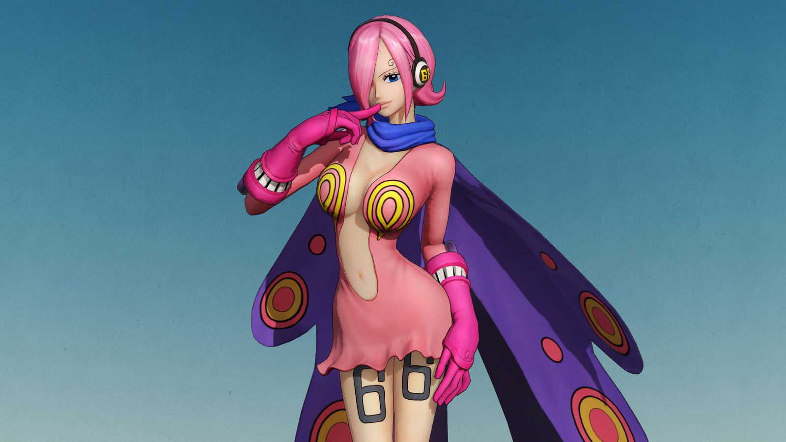 Un primer plano de una estatua de una mujer con un vestido rosa (vinsmoke reiju, one piece pirate warriors 4, videojuego)