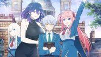 Un groupe de quatre personnages d'anime pose devant un château, montrant un mélange d'excitation et de camaraderie, avec des couleurs vives et des personnalités distinctes mises en avant.