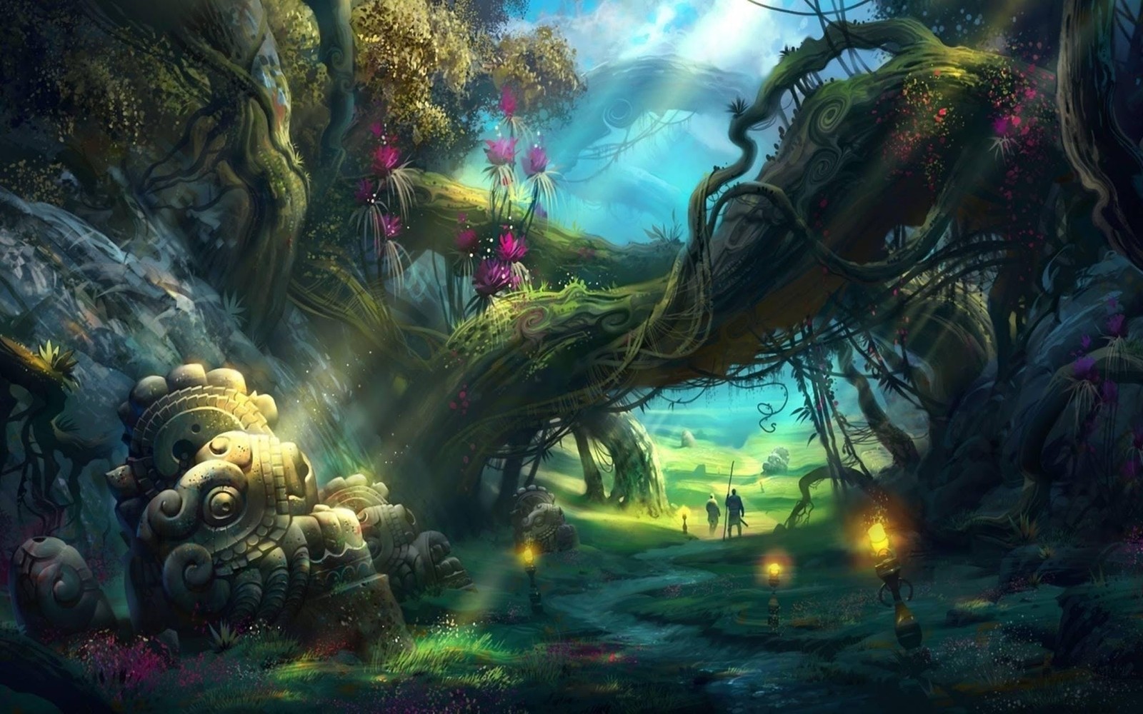 A painting of a forest with a giant tree and a man standing in the middle (fantasy, fantastic art, forest, nature, jungle)