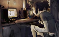 A girl using a tablet at her cluttered desk, immersed in digital art creation.