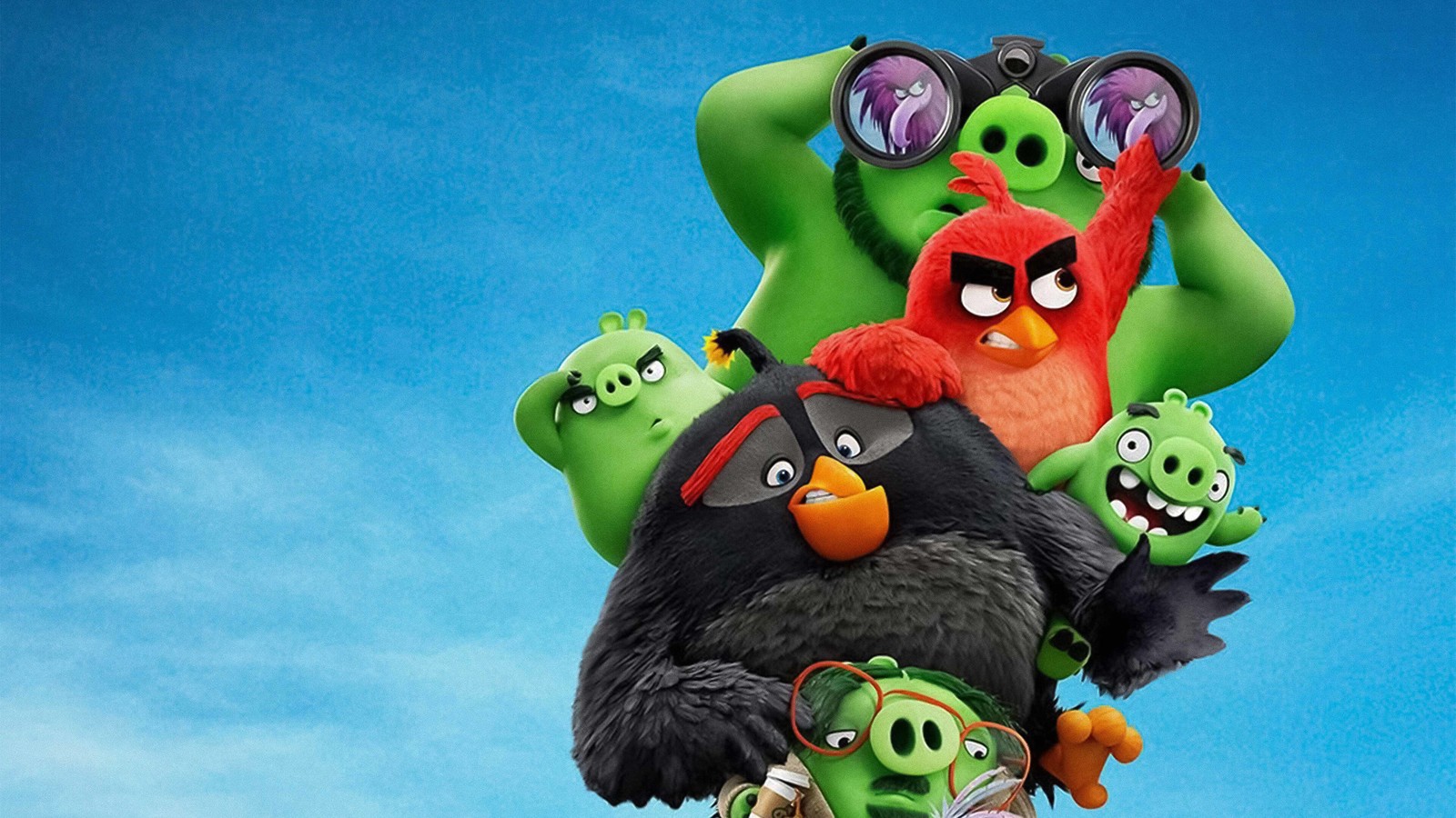 Les oiseaux en colère volent dans le ciel la tête inclinée (angry birds le film 2, angry birds movie 2)