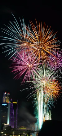 Los vibrantes fuegos artificiales de Nochevieja iluminan el cielo urbano nocturno en un espectáculo de explosiones coloridas