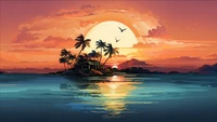 island, house, sunset, scenery, digital art wallpaper