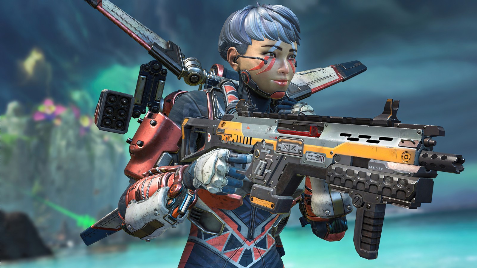 Una mujer con una pistola y un rifle en un videojuego (valquiria, apex legends, videojuego, temporada 11, pase de batalla)