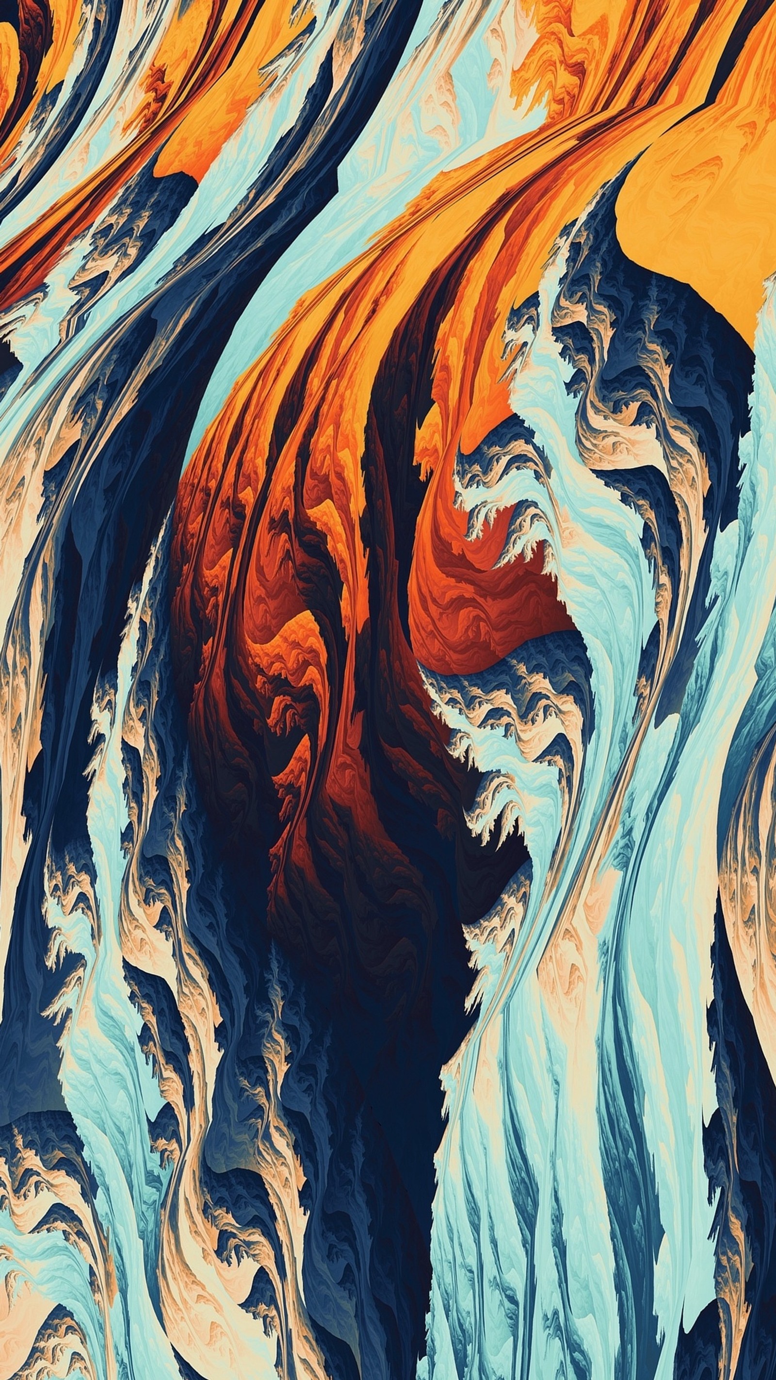 A close up of a painting of a wave with orange and blue (fractal, visual arts, pattern, art, paint)