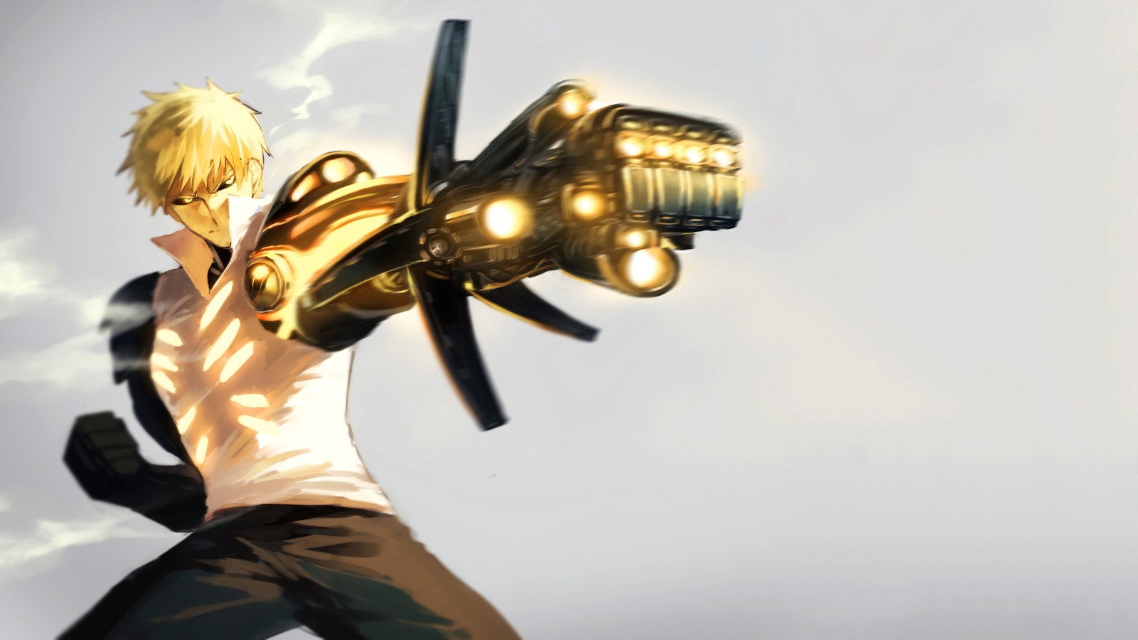 Anime guy with a gun in his hand and a sky background (genos, one punch man, anime)