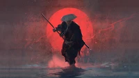 Guerrier samouraï dans un paysage mystique sous un soleil rouge sang