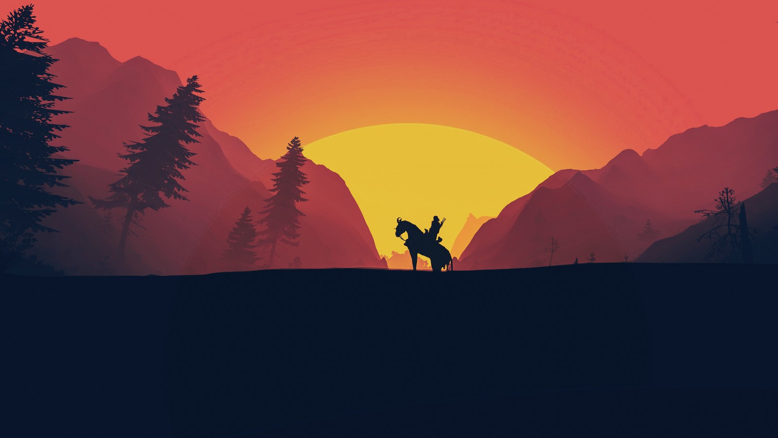 A person riding a horse in the mountains at sunset (nature, red, mountain, sunset, wilderness)