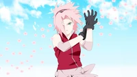 Sakura Haruno em uma pose dinâmica com flores de cerejeira contra um céu azul.