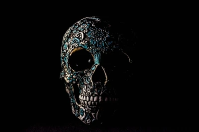 Intricately Designed Skull Art on Black Background