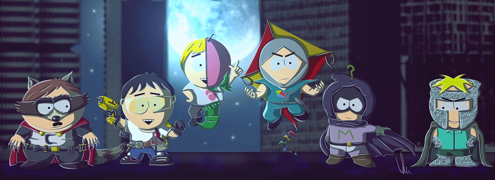 Un groupe de personnages de dessin animé devant un bâtiment (south park the fractured but whole, human kite, super craig, mysterion, toolshed)