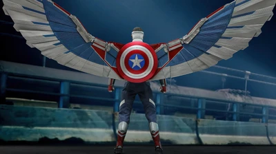 Sam Wilson como Falcão, exibindo asas majestosas e o escudo do Capitão América contra um fundo azul.