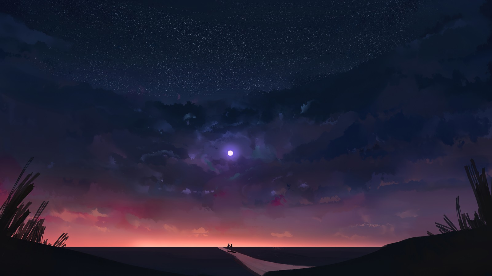 Anime, arte de anime, paisagem, noite, céu, lua, nuvens (noite, céu, cenário, paisagem, fundo)