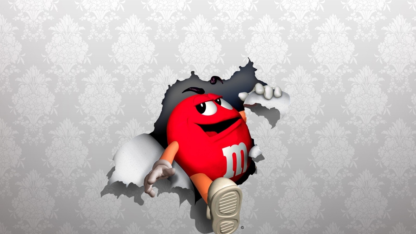 Um personagem m & m's vermelho saindo de um buraco na parede (ilustração, gráficos, arte, maçãs, maçã)