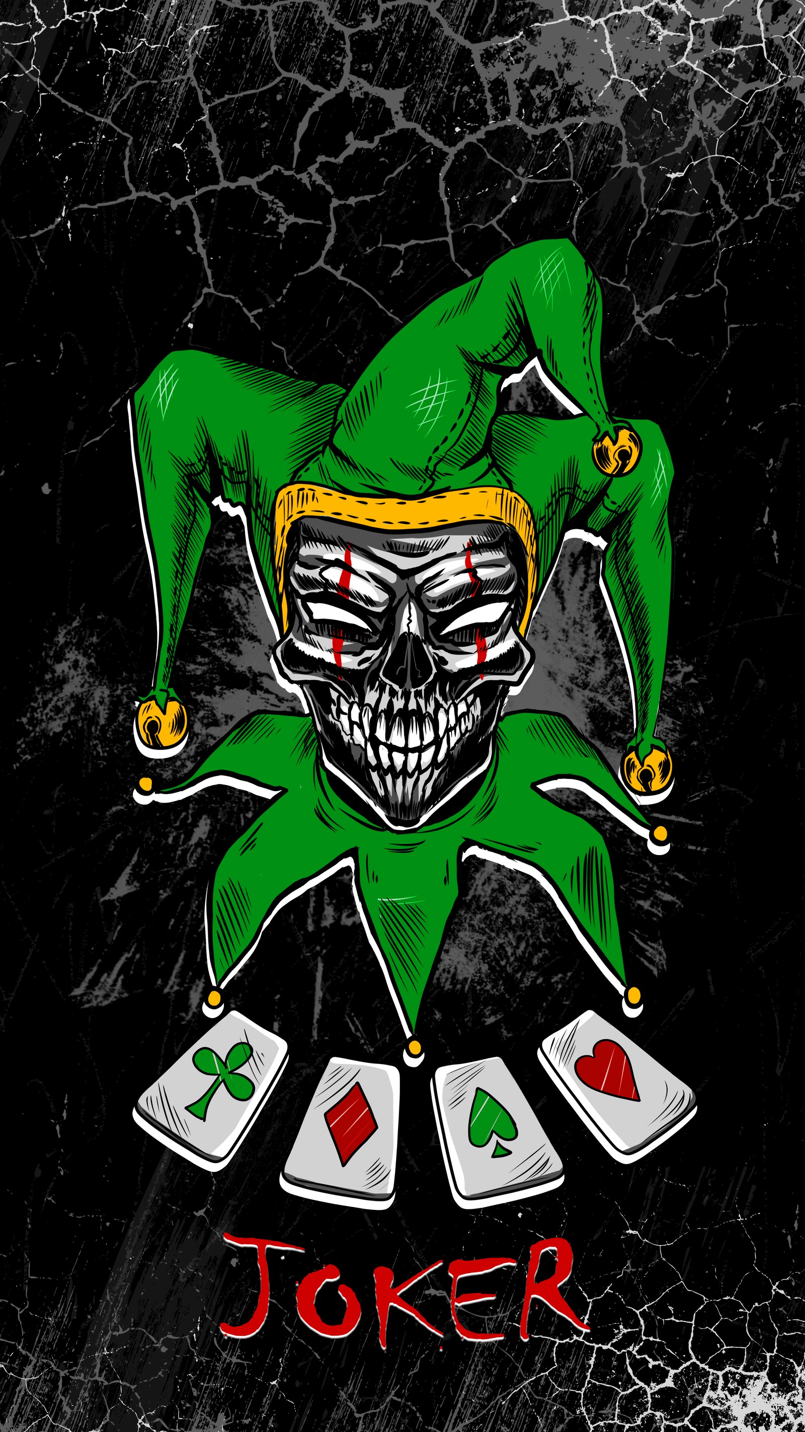 A close up of a joker skull with playing cards on a black background (shorts, t shirt, shirt, head, green)