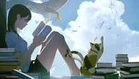 Anime Girl Reading with a Playful Cat Under a Dreamy Sky